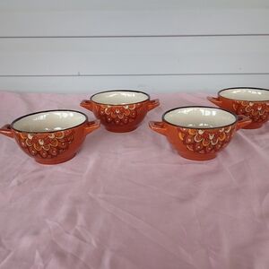 Vintage Rare Orange Ceramic Handled Soup Bowls - Set of 4